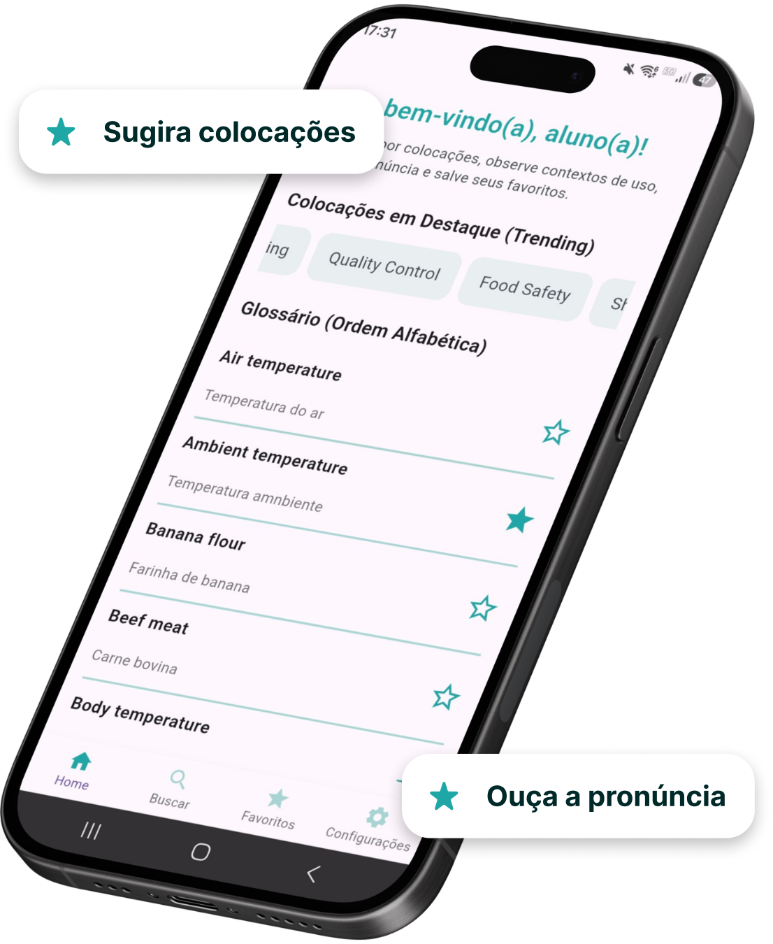 Tela inicial do aplicativo FoodColl, mostrando o glossário em ordem alfabética